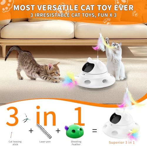 3-in-1 Auto Laser Cat Toy, USB Recharge Motion Activated Kitten Feather Chase Toy - Pure White