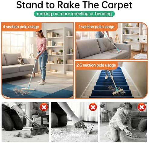 Carpet Rake for Pet Hair Removal Tool, 2 in 1 TPU and Copper Rake Teeth Uproot Clean Hair Remover with 63’’ Adjustable Long Handle,Cat & Dog for Carpets,Rugs, Mats (63’’ Long Handle+1 Short Handle)