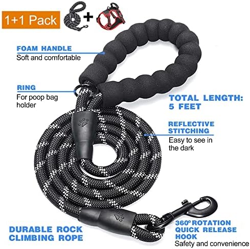 tobeDRI No Pull Dog Harness Adjustable Reflective Oxford Easy Control Medium Large Dog Harness with A Free Heavy Duty 5ft Dog Leash, Black/Red, M