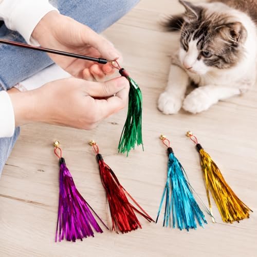 LUOZZY 16Pcs Cat Teaser Wand Refill Metallic Foil Tassel with Bell, Random