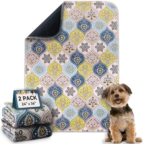 Washable Pee Pads for Dogs, Stylish Absorbent Reusable Training Dog Pads, Non-Slip and Leak-Proof Puppy Pads, Potty Pads for Crates, Whelping, Playpen, Bed and Floors (Cream/Multi, 24" x 36" 2PACK)