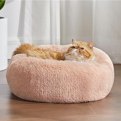 Bedsure Calming Cat Beds Donut Round Washable Kitten Bed,20 inches Pink