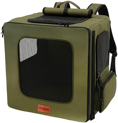 Vivifying Dog Backpack Carrier, 16.5"×15"×10.6" Breathable Pet Backpack for Travel with Sunshade, Locking Zippers & Thickened Bottom for Small Dogs and Cats up to 18 lb (Military Green)