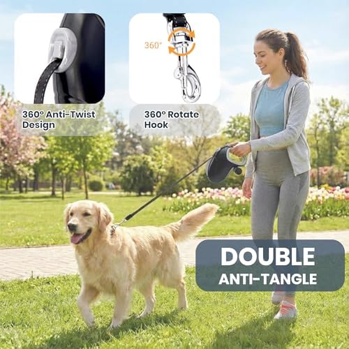 33ft Retractable Dog Leash, One-Button Control, Reflective Strips