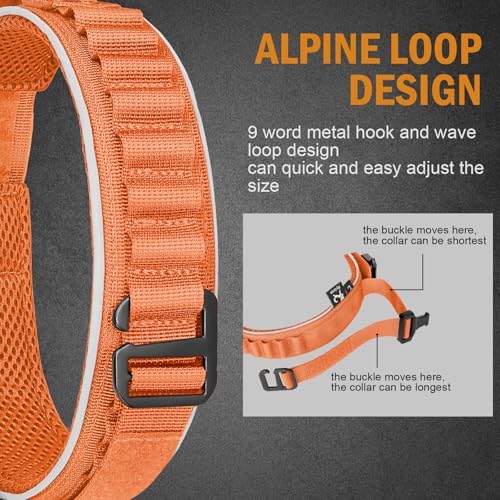 HYDEME Tactical Dog Collar, Alpine Loop Adjustable Military Training Nylon Dog Collars with Handle and Reflective for Small Medium Large Dogs, with Airtags Protective Case & Patches.(M,Orange)