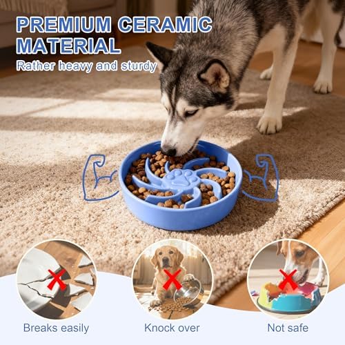 Ceramic Slow Feeder Dog Bowl, 3 Cup Dog Food or 25oz Water, Slow Eating Bowl for Middle Breed, Maze Puzzle Feeder for Fast Eaters, Anti-Choking Stop Bloat, Non-Slip BPA Free (Blue)