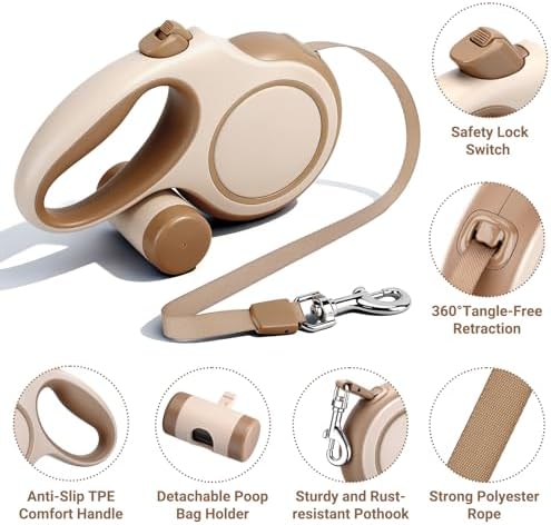 Segarty 16 Ft Retractable Leash with Detachable Poop Bag Holder for Walking, 5m Dog Leash for Small Medium Pet up to 66Lbs, 360°Tangle-Free Dog Lead with Anti-Slip Handle & One-Handed Brake Pause Lock