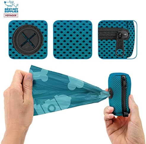 Best Pet Supplies Dog Poop Bag Holder Leash Attachment with Reusable Dispenser for Travel, Walking, Park, and Outdoor Use, Durable with Clip-On - Turquoise, Mesh Dispenser w/15 Bags
