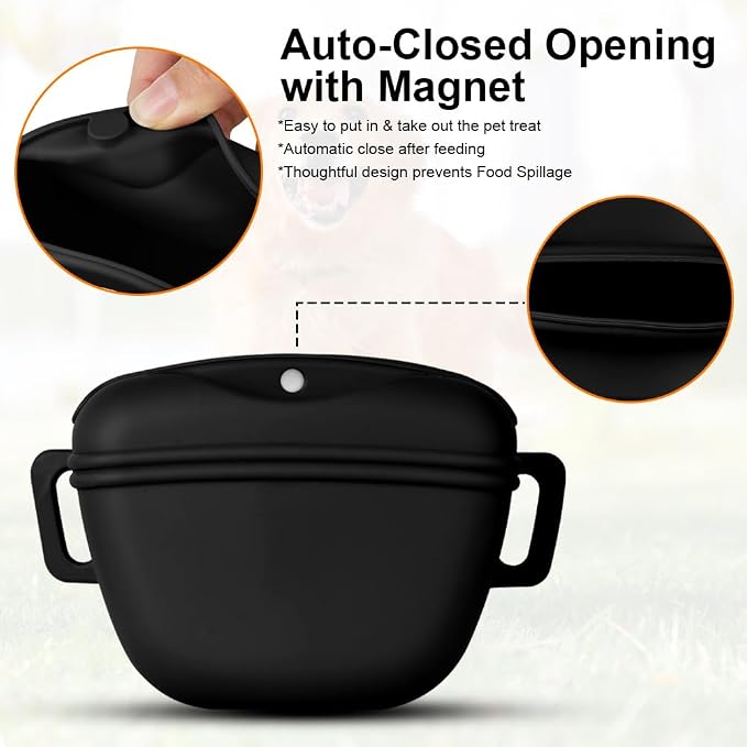 AOMIG Dog Treat Pouch with Training Clicker, 1.67 Cup Silicone Dog Treat Bag with Stronger Magnetic Closure, Portable Pouches for Pet Training Walking Premium Fanny Pack with Waist Belt(Black)