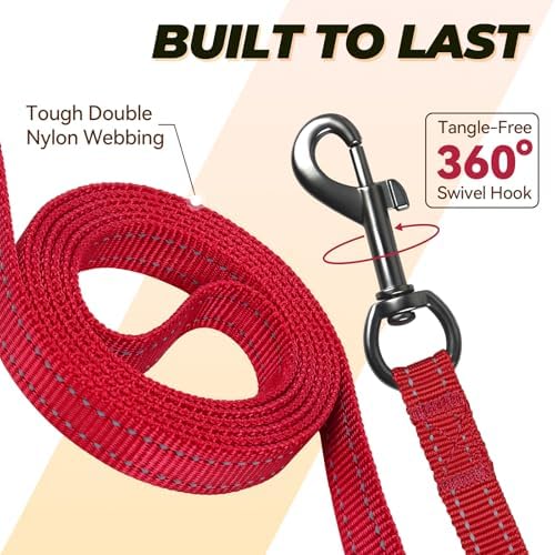 VIVAGLORY Double Handle Dog Leash Twingrip, 4ft x 1/2in, Red