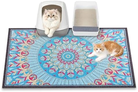 Cat Litter Mat, 35" x 23" Litter Box mat, Traps 100% Litter, Non-Slip Kitty Litter Trapping mats, Large Cute Litter mat, Easy Clean for Scatter Control, Bohe cat Food mat, Urine Waterproof