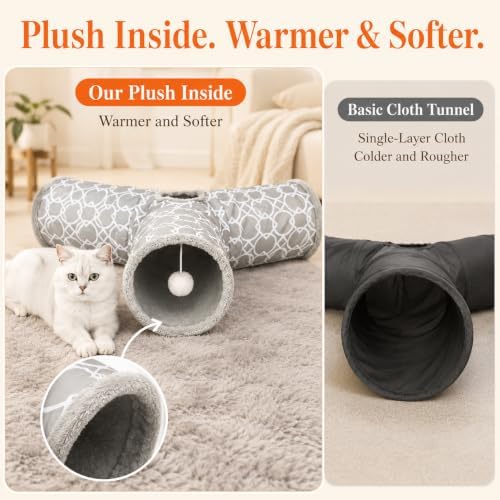 Geometric 3 Way Cat Tunnel with Plush Inside,Cats Toys Collapsible Tunnel Tube with Balls, for Rabbits, Kittens, Ferrets,Puppy and Dogs