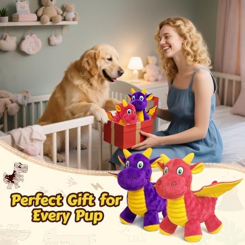 Squeaky Dog Toys - 2 Pack Plush Dragon Dog Toys with 5 Squeakers, Crinkle Wings & Ears, Soft Cute Dog Toys for Boredom, Small Medium Dogs and Gentle Large Dogs (Pink & Purple,10")