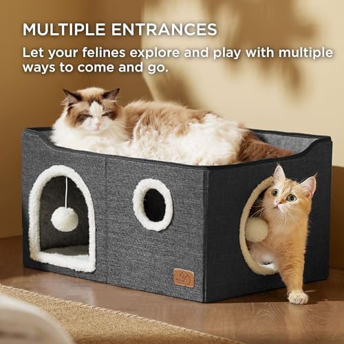 Bedsure Extra Wide Cat House Bed with Fluffy Ball and Scratch Pad