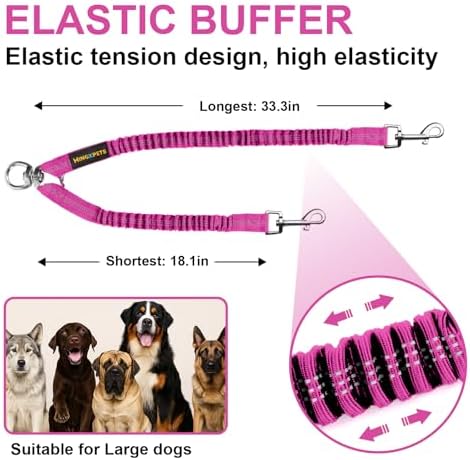 MingXpet 2 Dog Leash, Dog Leash for 2 Dogs, 360° Swivel No Tangle Double Walking Training Leashes for Large Dogs that Pull, Comfortable Shock Absorbing Reflective Bungee, Rose
