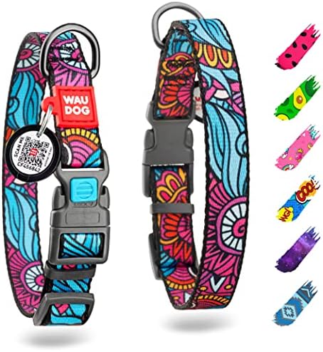 WAUDOG Adjustable Nylon Dog Collar for Large Small Medium Dogs with QR Tag