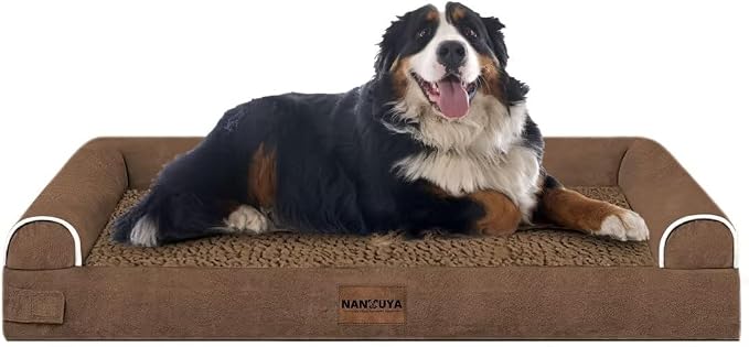 NANUYA Orthopedic Dog Bed for Jumbo Dogs, 53 x 42 Inch, Coffee | Egg crate foam for joint support, 3-sided bolster pet sofa, waterproof lining, washable cover, and non-skid base