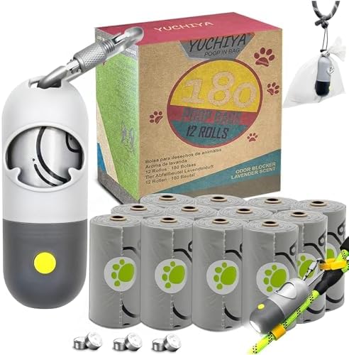 Dog Poop Bags Holder with LED Flashlight|Pet Waste Bags Dispenser for Leash|Doggie Potty Bags Container with Leak-proof Pet Trash Bags and Accessories (Light Gray, 1 Holder 195 Bags)