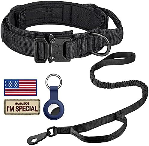 DAGANXI Tactical Dog Collar Leash Set, Adjustable Military Training Nylon Dog Collar with Controll Handle and Heavy Metal Buckle for Medium and Large Dogs，with Patches and Airtags Case (M, Black-Set)