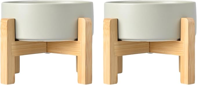 SPUNKYJUNKY Ceramic Elevated Dog Bowls 2 Pack - 8.3inch Raised Dog Bowls with Non-Slip Wooden Stand for Large Dogs Dishwasher Safe(Grey,60OZ*2)