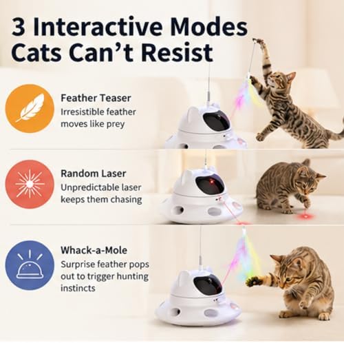 3-in-1 Auto Laser Cat Toy, USB Recharge Motion Activated Kitten Feather Chase Toy - Off-White