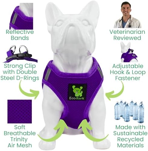 EcoBark Step in Dog Harness Vest - Reflective Soft Ultra Padded Mesh Dog Harnesses for XXS, XS, Small, and Medium Dogs Eco-Friendly Comfort Secure Halter No Pull Adjustable Pet Vest (Small, Purple)