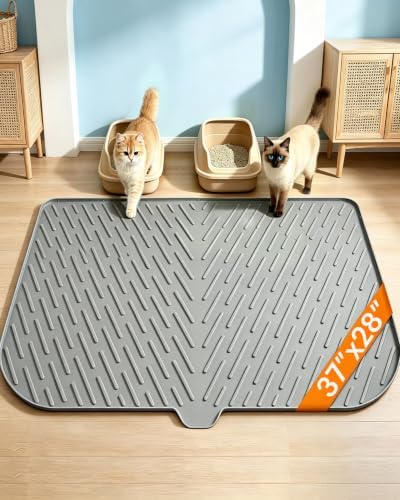 Cat Litter Box Mat, 37" x 28" Extra Large Silicone Cat Litter Mat with Drain Hole, Waterproof Litter Trapping Mat for Scatter Control, Non-Slip, Soft on Kitty Paws, Easy to Clean (Gray)
