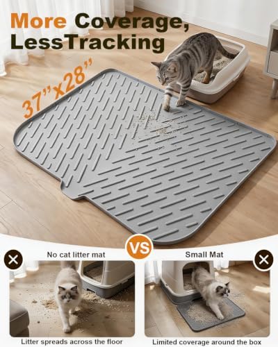 Cat Litter Box Mat, 37" x 28" Extra Large Silicone Cat Litter Mat with Drain Hole, Waterproof Litter Trapping Mat for Scatter Control, Non-Slip, Soft on Kitty Paws, Easy to Clean (Gray)