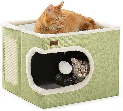 Garnpet Cat Bed for Indoor Cats Cube House, Covered Cat Cave Beds & Furniture with Scratch Pad and Hideaway Tent, Cute Modern Cat Condo for Multi Small Pet Large Kitten Kitty, Green