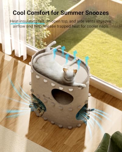 DownyPaws Cat House for Indoor Cats, 2-Storey Cat Bed Cave, Cream