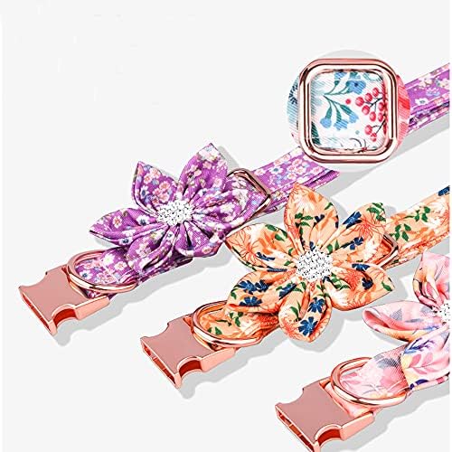 Floral Pattern Puppy Collar - Cute Dog Collar with Detachable Rhinestone Flower for Female Dogs (L, Purple/White)
