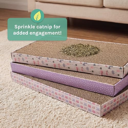 Kitty City 3-Pack XL Double Sided Corrugate Cat Scratcher Pads - X-Large Horizontal Cat Scratcher Mats, Reversible Corrugate Nail File Scratchers - Pink Cats Design, 18” x 10” Each