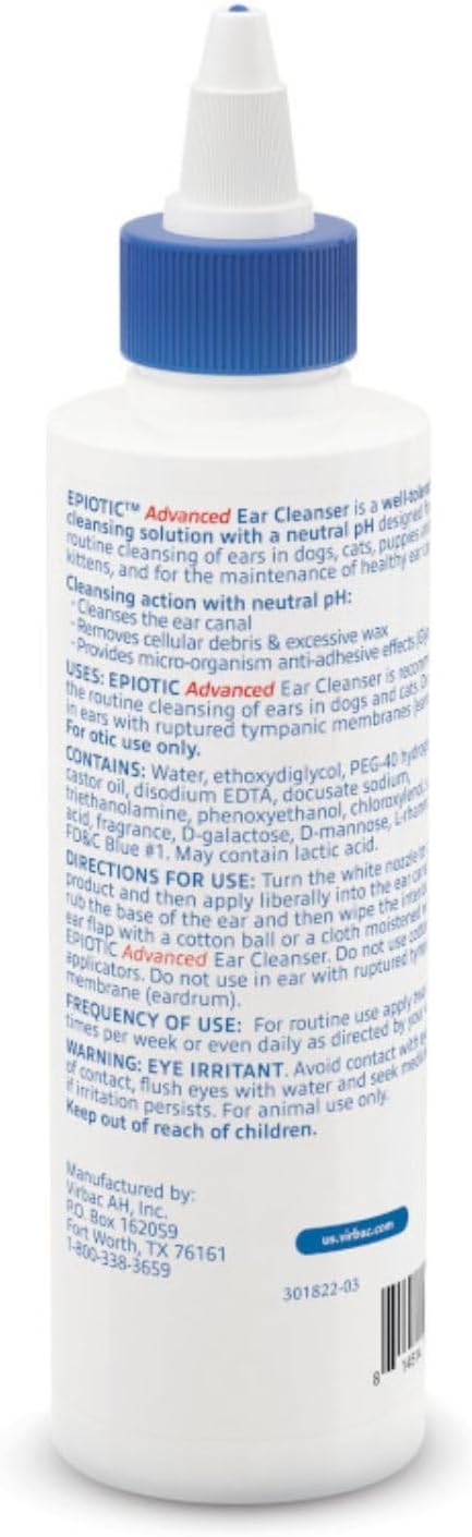 Epiotic Advanced Ear Cleanser|Gentle Ear Cleanser for Dogs and Cats | Neutral pH routine dog ear wash and cat ear cleaner dries wet ears, cleanses wax & debris to smell fresh and clean
