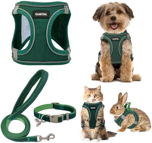 GAMUDA Small Pet Harness Collar and Leash Set, Step in No Chock No Pull Linen Fabric Soft Mesh Dog Vest Harnesses Reflective for Dogs Puppy Cats Kitten Rabbit (Green, XL)