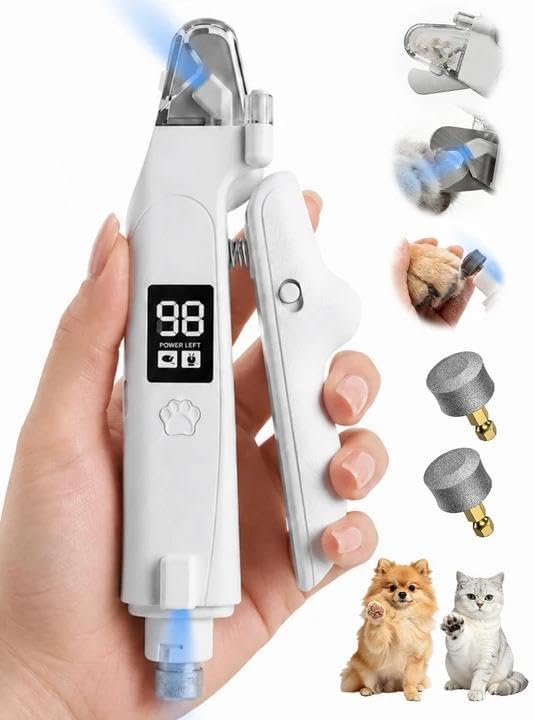 Dog Nail Clippers with Light, 2-in-1 Nail Clipper & Grinder Trimmer for Large Medium Small Dogs Cats, USB Rechargeable, Dual LED Quick Sensor & Safety Guard Portable Home Pet Grooming Tool