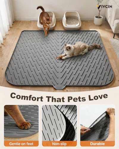 Cat Litter Box Mat, 37" x 28" Extra Large Silicone Cat Litter Mat with Drain Hole, Waterproof Litter Trapping Mat for Scatter Control, Non-Slip, Soft on Kitty Paws, Easy to Clean (Gray)