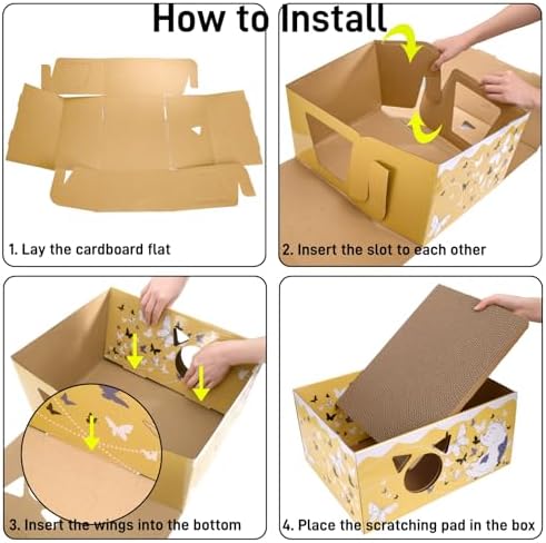 Tlence 2 Pack Cardboard Cat Scratcher Box, Butterfly Pattern Cat Hideaway House with Double-Sided Scratch Pads, 16.5 Inch Heavy Duty Large Cat Bed Lounger for Indoor Cats