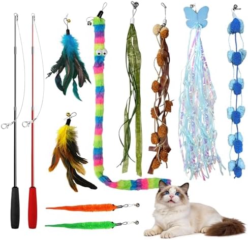 Cat Toys Interactive Feather Teaser Wand Set, [11 Pack] Retractable Cat Fishing Pole Toy with Assorted Replaceable Attachments & Bells, Fun Hunting Exercise Toys