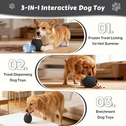 Dog Fillable Toy 3 in 1 Interactive Dog Toys Freeze Lick Summer Cooling Toy Enrichment Treat Dispensing Chew Toy Stuffable Puzzle Slow Feeder for Medium Small Dogs Easy to Clean (Egg-Black)