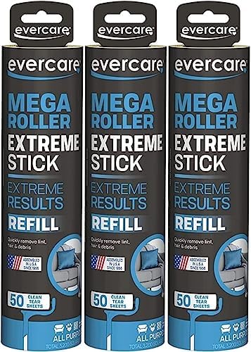 evercare Pet Mega Extreme Surface Coverage 50 Layer Lint Roller Refill for Cleaning Debris Off of Clothes and Furniture, 3 Pack