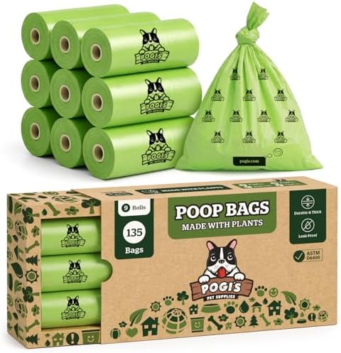 Pogi's Compostable Poop Bags – Leak-Proof, Extra-Large, Made with Plants – 9 Rolls (135 Bags)