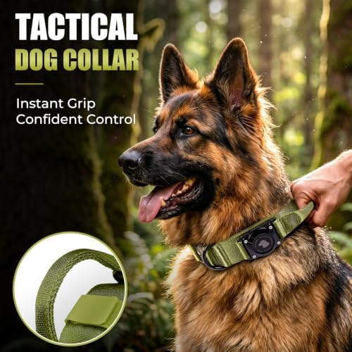 Tactical AirTag Dog Collar with Holder for Medium Large Dogs, Green, M
