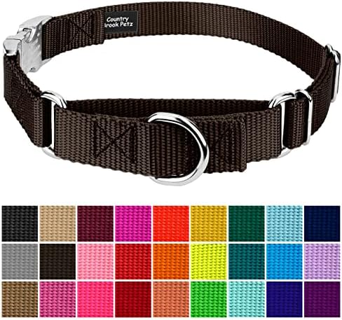 Country Brook Petz - Martingale Dog Collar - Heavy Duty Nylon Adjustable Martingale Dog Collar with Metal Buckle for Small Medium Large Breeds 30+ Color Options (1 Inch, Medium, Brown)