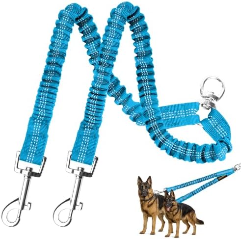 MingXpet 2 Dog Leash, Dog Leash for 2 Dogs, 360° Swivel No Tangle Double Walking Training Leashes for Large Dogs that Pull, Comfortable Shock Absorbing Reflective Bungee, Blue
