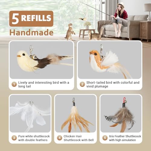 ROSAUI Cat Teaser Wand Toys, Interactive Bird Toy for Indoor Kittens, 53.15’’ Long Cat Fishing Pole Toys, 2X Wires and 5X Natural Refills, Sustainable Wooden Handles, Exercising, Playing