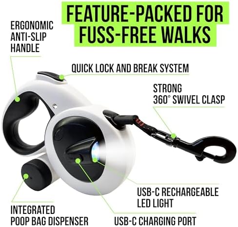 AVANTO Retractable Dog Leash with Flashlight, 16ft Heavy Duty LED Night Safety Leash for Dogs up to 110lbs – 360° Tangle-Free, USB Rechargeable Light, Waste Bag Dispenser, One-Hand Brake & Lock