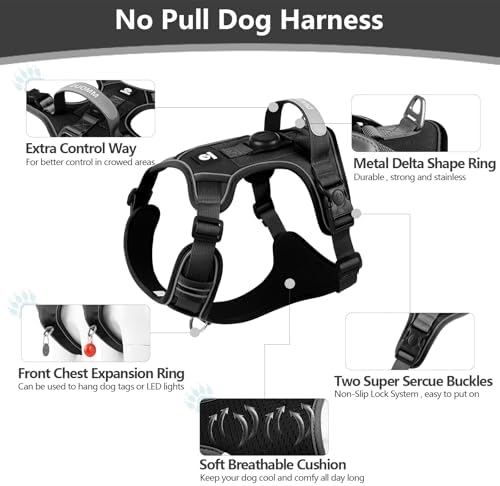 Upgraded Dog Harness with AirTag Holder, Escape Proof Adjustable Vest for Large Dog Outdoor Walking, Soft Breathable Jacket with Reflective Strips for Dark Night