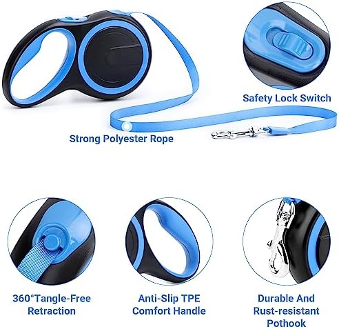 Segarty Dog Leash Retractable, 16ft Heavy Duty Walking Dog Leash for Medium Small Dogs up to 44lb, Anti-Slip Handle 360°Tangle-Free Nylon Tape, One-Handed One Button Lock and Release (Blue)
