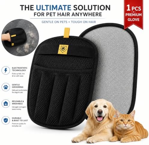 Pet Hair Remover Glove for Dogs & Cats – Cat Hair Remover & Dog Hair Removal Tool, Reusable Electrostatic Grooming Glove for Furniture, Couch, Carpet, Car Seat & Clothes – Easy Pet Hair Cleaning Mitt