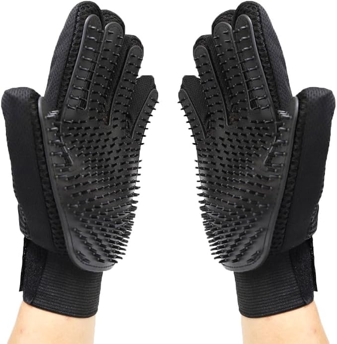 Pet Grooming Glove - Gentle Deshedding Brush Glove - Efficient Pet Hair Remover Mitt - Massage Tool with Enhanced Five Finger Design - Perfect for Dogs & Cats with Long & Short Fur (Black)